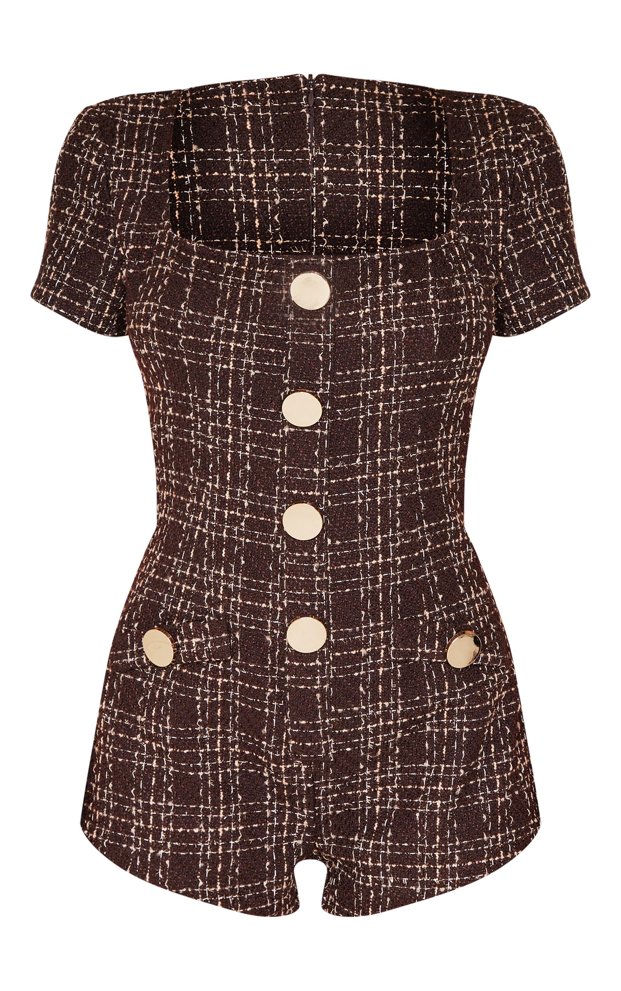 Brown Tweed Short Sleeve Button Detail Romper Product Image