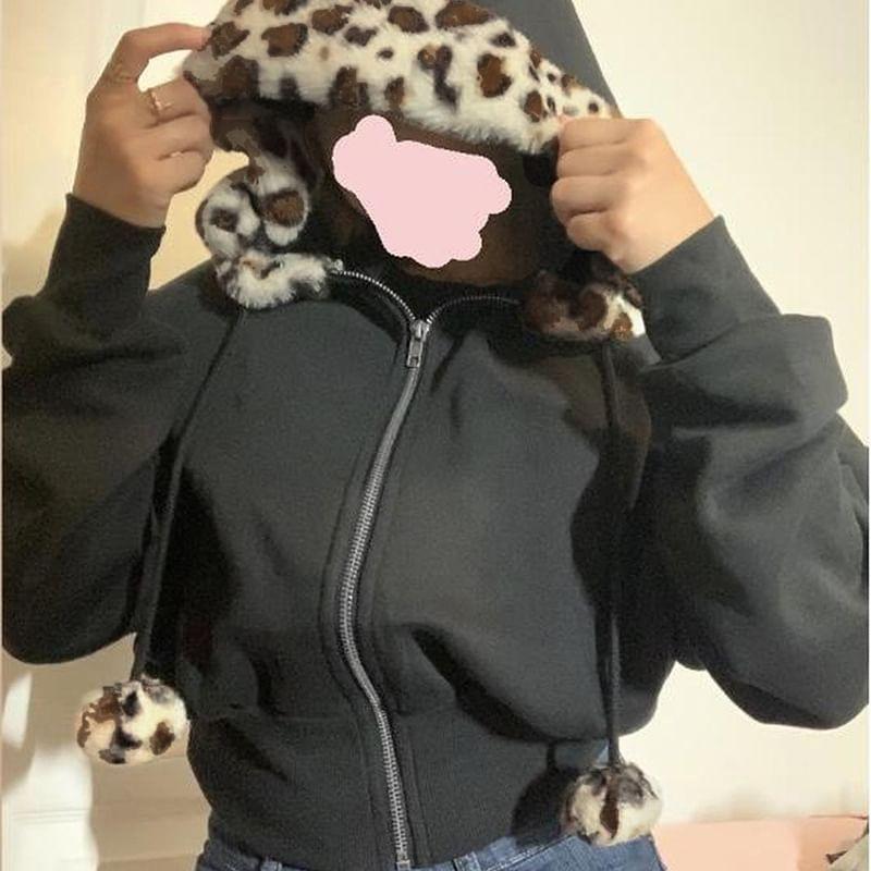 Long Sleeve Leopard Print Furry-Trim Zip-Up Hooded Jacket Product Image