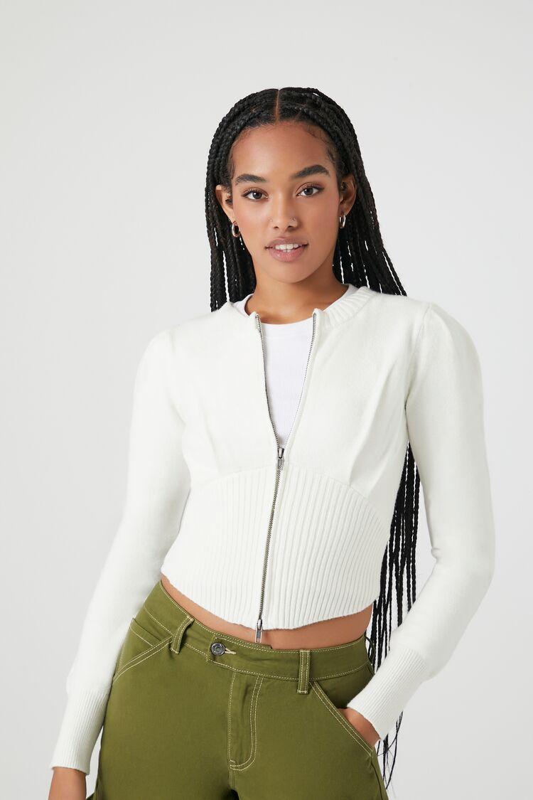 Puff-Sleeve Zip-Up Sweater | Forever 21 product image