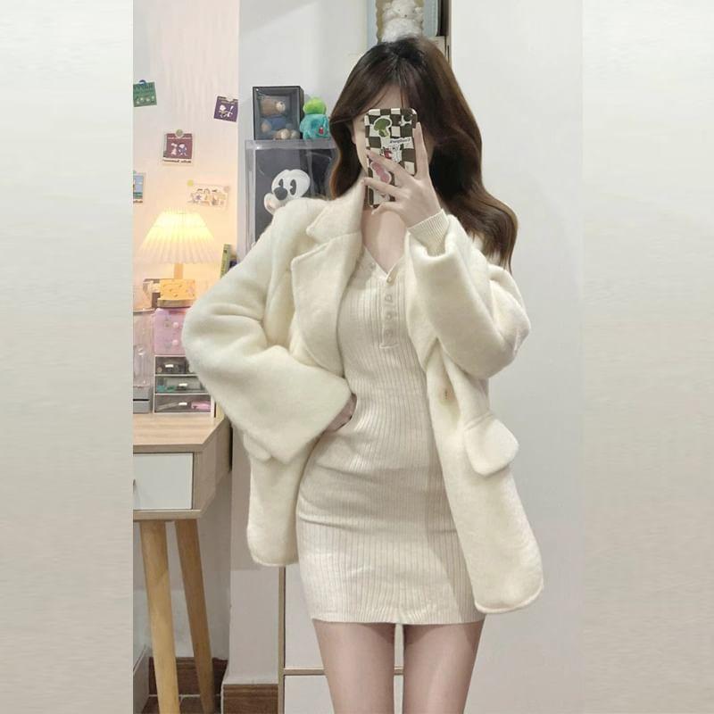 Long-Sleeve Collared Plain Mini Bodycon Knit Dress Product Image