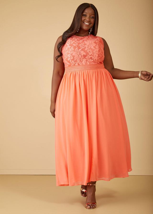 Plus Size Lace Paneled Chiffon Maxi Dress, - Ashley Stewart Product Image