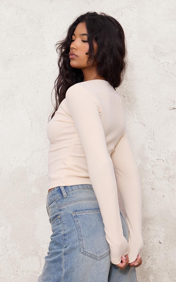 Cream Ribbed Button Down V Neck Long Sleeve Top Product Image