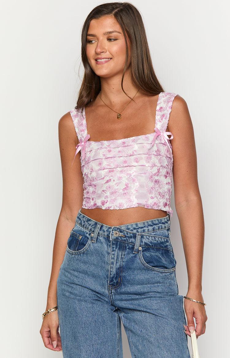 Vida Pink Lace Bow Top Product Image