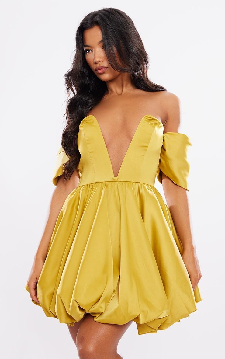 Chartreuse Satin V Bar Plunge Bardot Puff Ball Dress Product Image