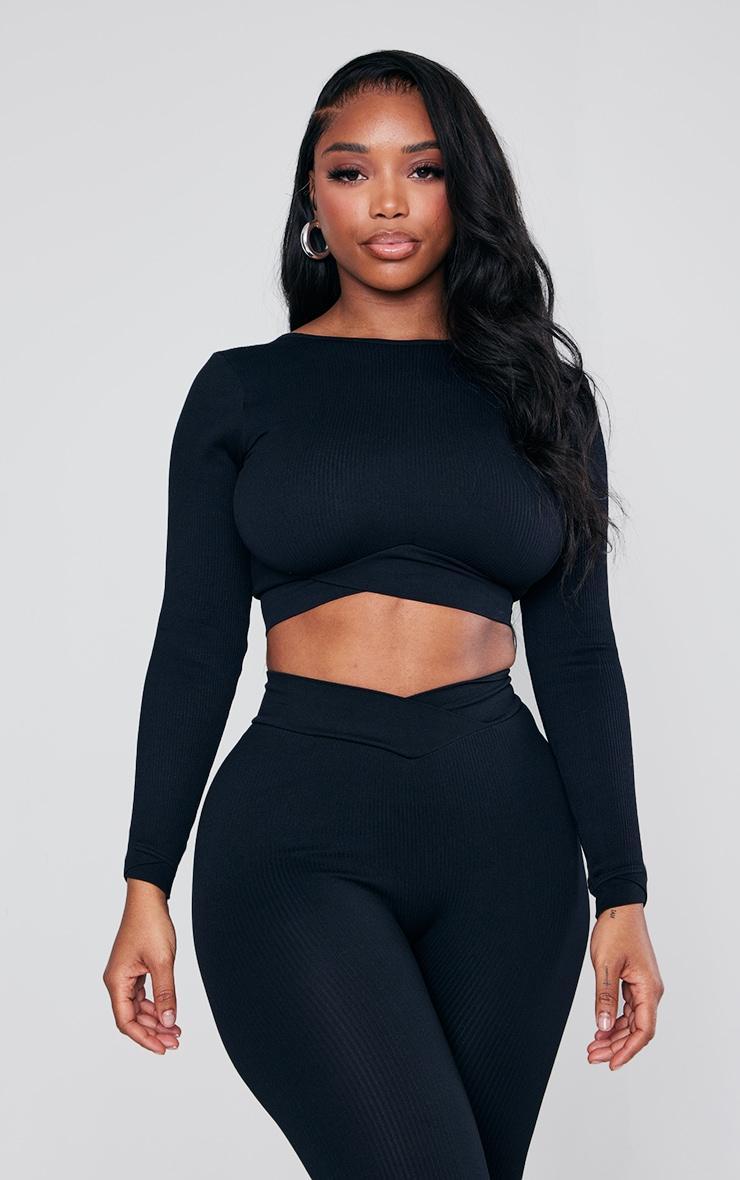 Shape Black Branded Open Back Long Sleeve Gym Crop Top Product Image