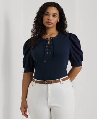 Plus Size Lace-Up Puff-Sleeve Top Product Image