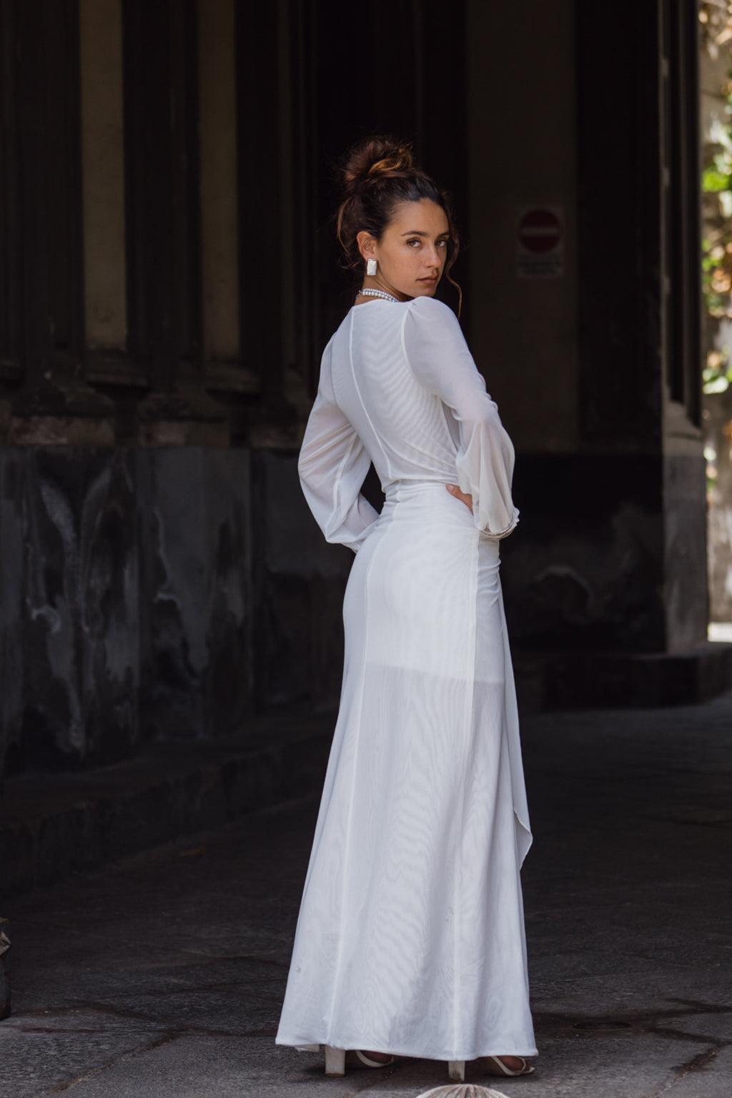 Bella White Mesh Plunge Maxi Dress Product Image