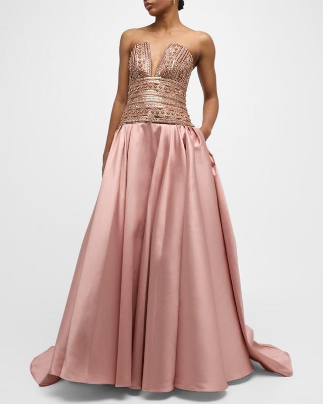 Strapless Beaded Drop-Waist Mikado Gown Product Image