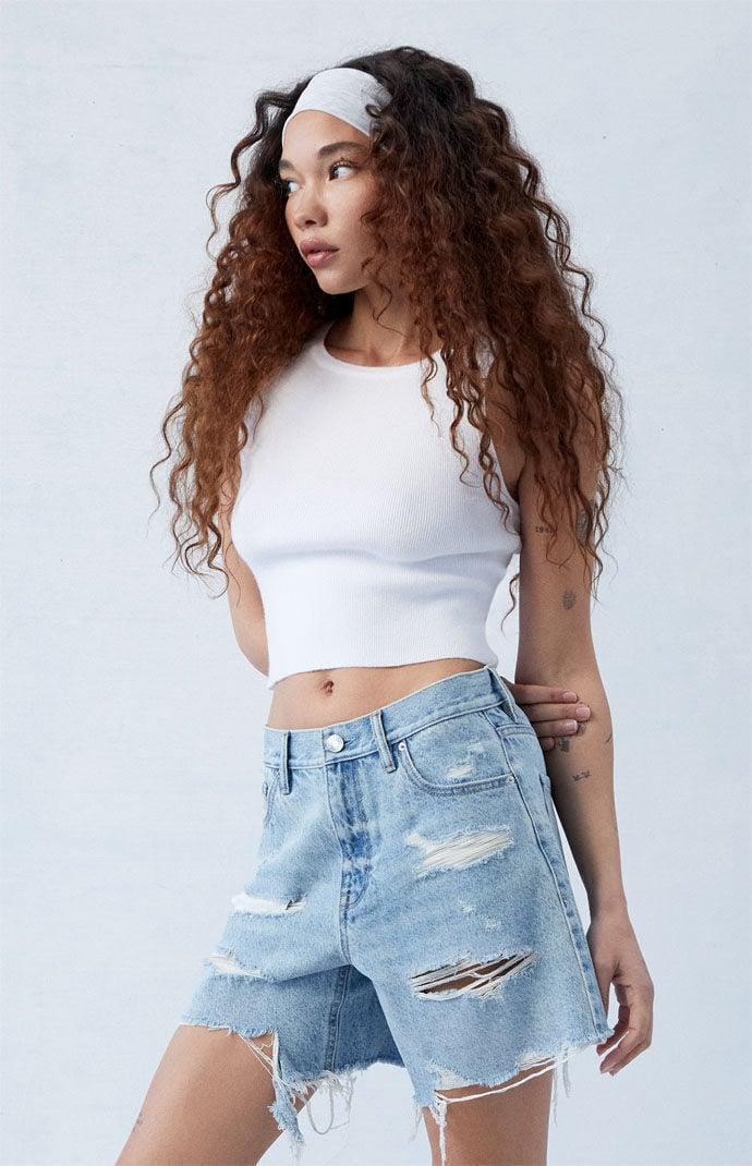 Women's Eco Light Indigo Ripped High Waisted Relaxed Jorts Product Image