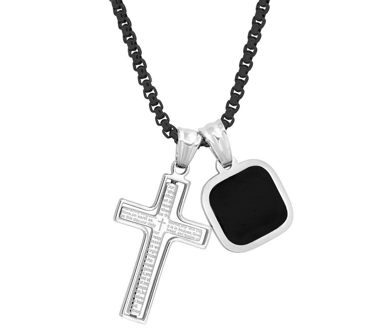 Steeltime Mens Silver-Tone Our Father English Prayer Spinning Cross & Square Pendant Necklace, 24 - Black Product Image