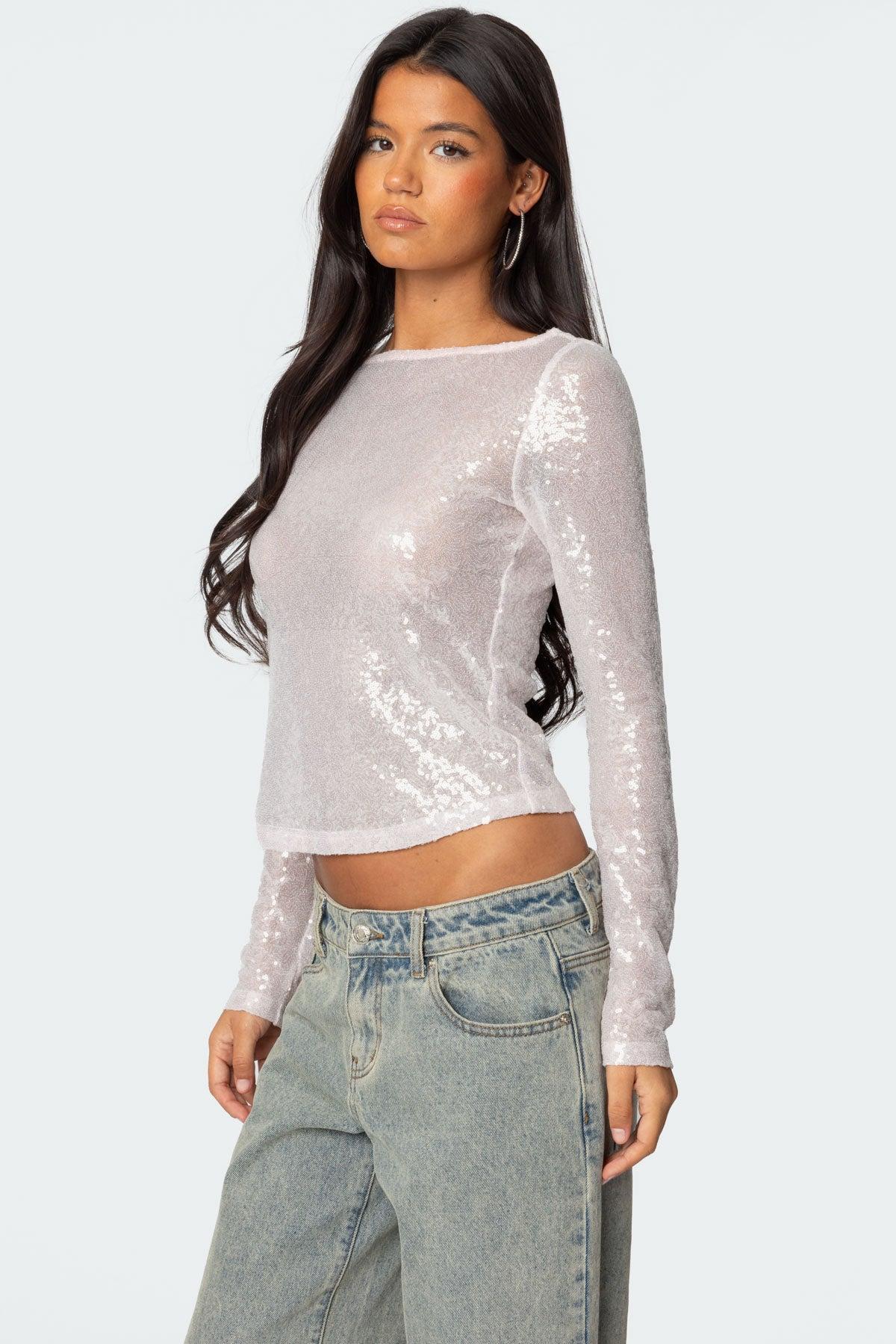 Sheer Sequin Boat Neck Top Product Image