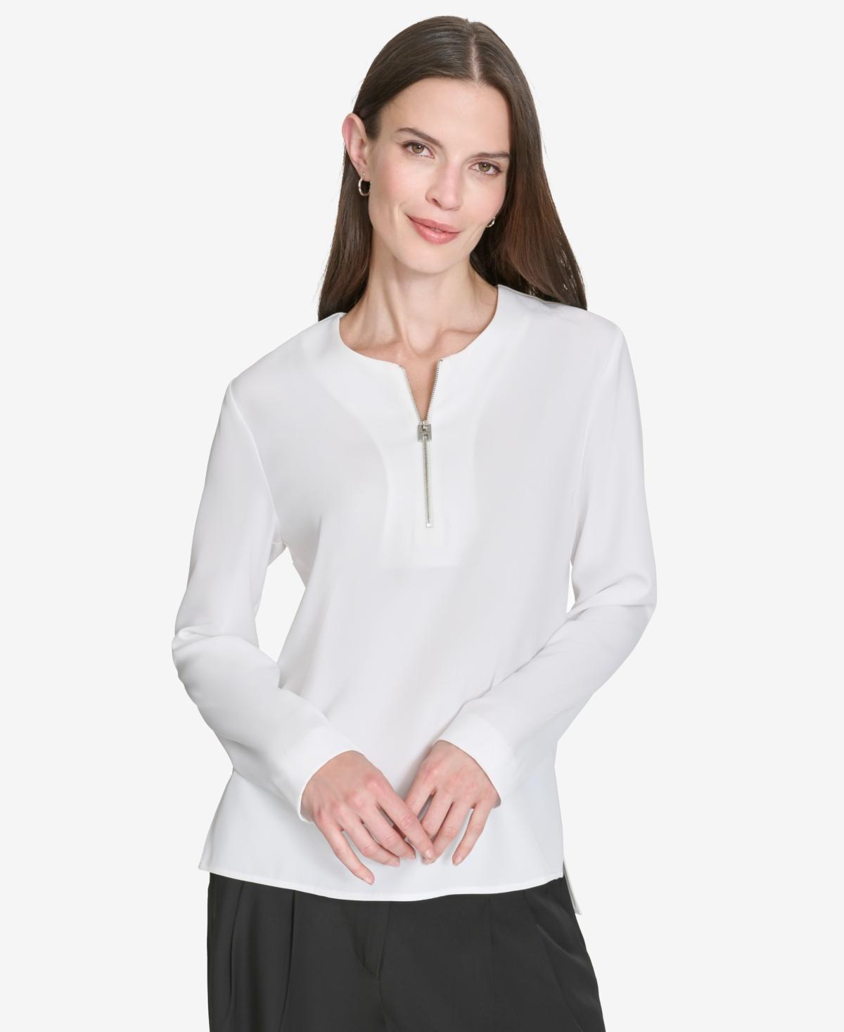 Halston Womens Zip-Front Hi-Low Side-Slit Blouse Product Image