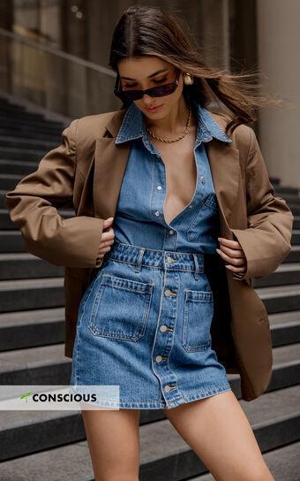 Gertrude Mini Skirt - High Waist Button Through Denim Skirt in Mid Blue Wash Product Image