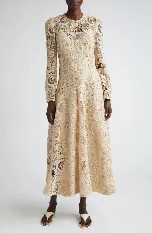 ZIMMERMANN Waverly Long Sleeve Lace Midi Dress In Taupe Product Image