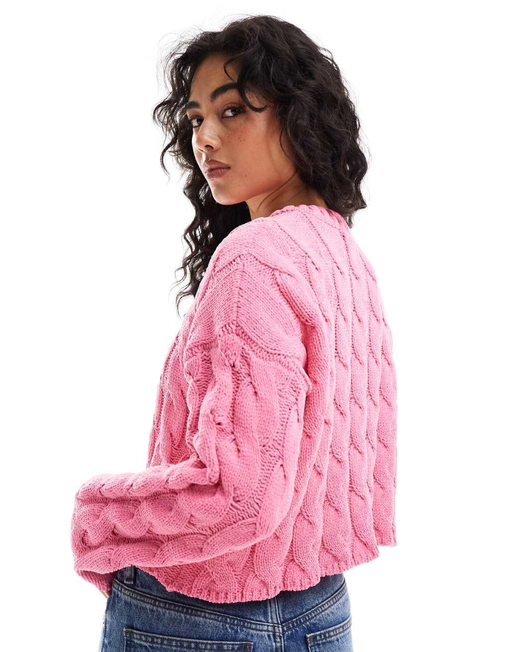 Bershka cable sweater in pink Product Image