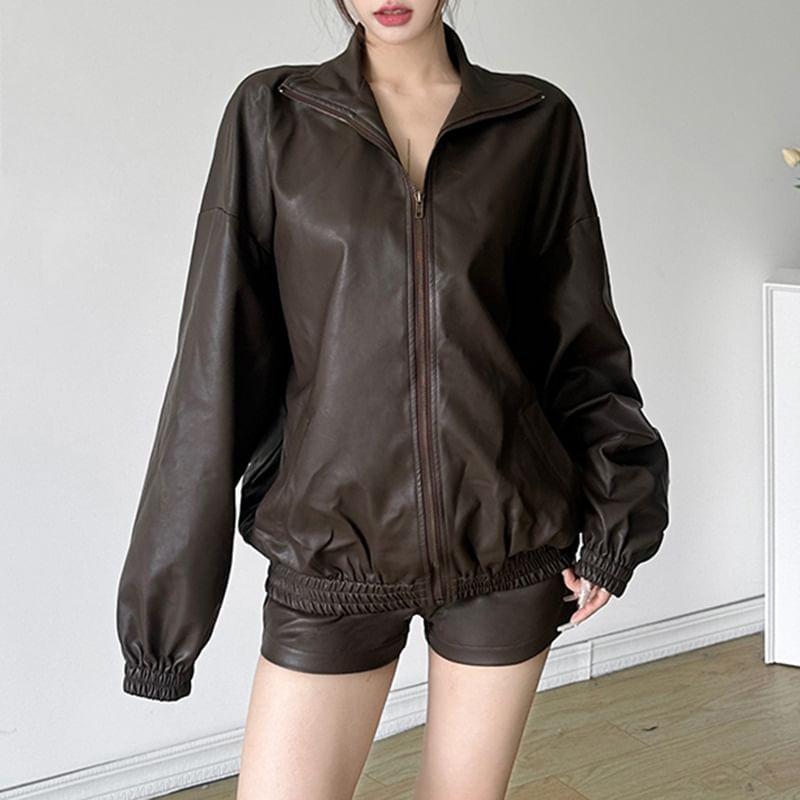 Stand Collar Plain Faux Leather Zip Jacket / Mid Rise Shorts Product Image