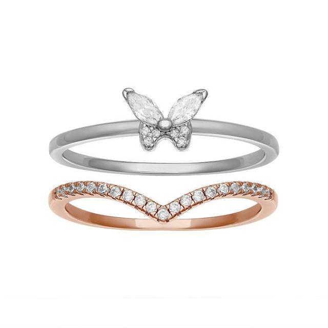 PRIMROSE Two Tone Sterling Silver Cubic Zirconia Butterfly & V-Shape Duo Ring Set, Womens Two Tone Pink Clear Product Image