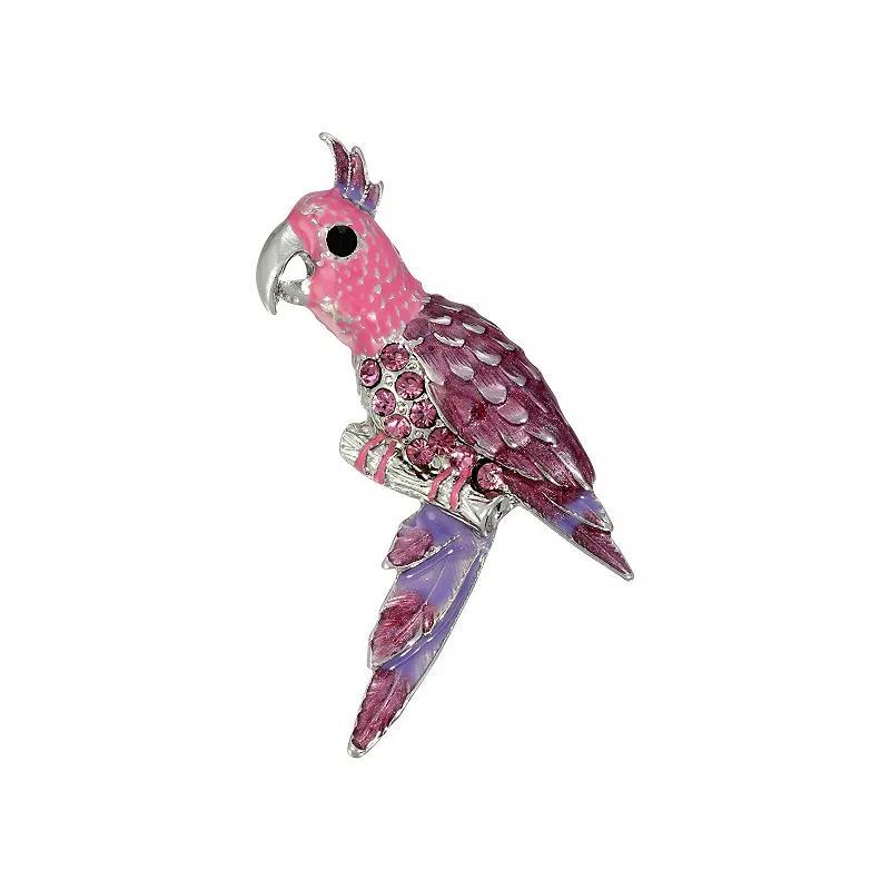 1928 Silver Tone Purple & Pink Enameled Crystal Parrot Bird Pin, Womens Product Image