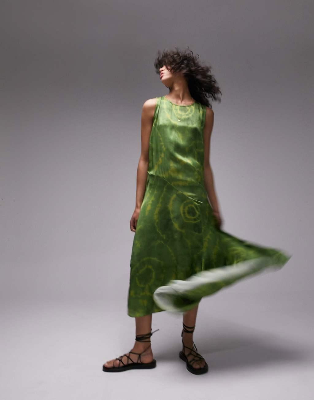 Topshop slash tie dye sleeveless midi dress in green product image