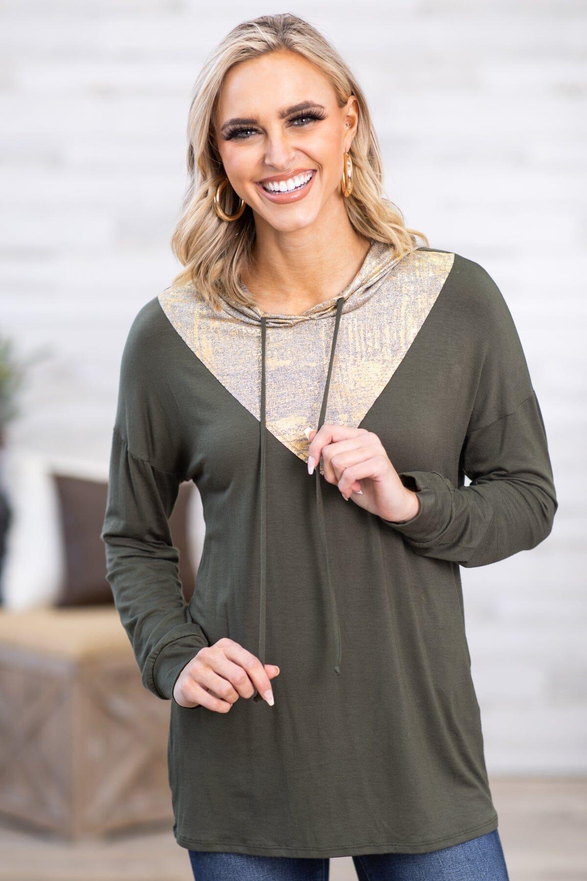 Olive and Gold Metallic Colorblock Hooded Top Product Image