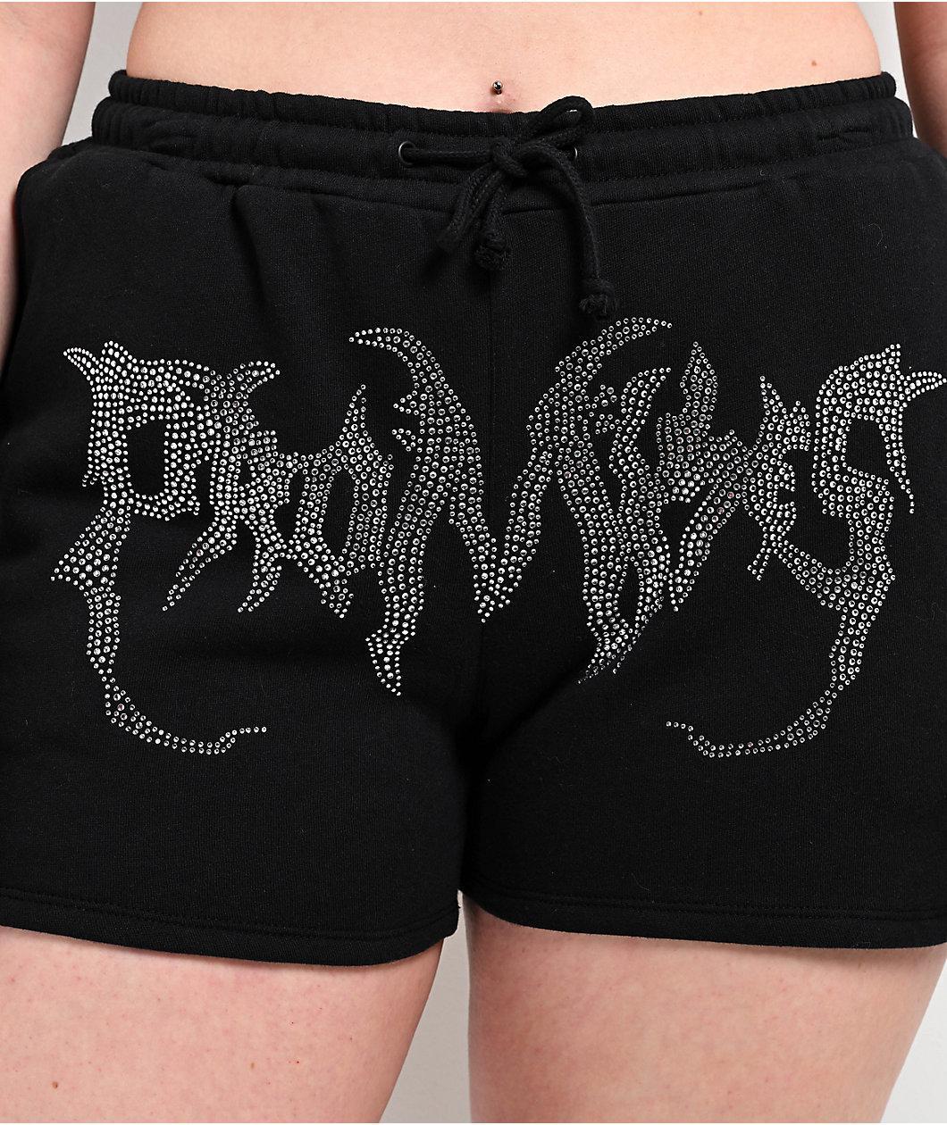 Broken Promises Graveyard Black Rhinestone Sweat Shorts Product Image