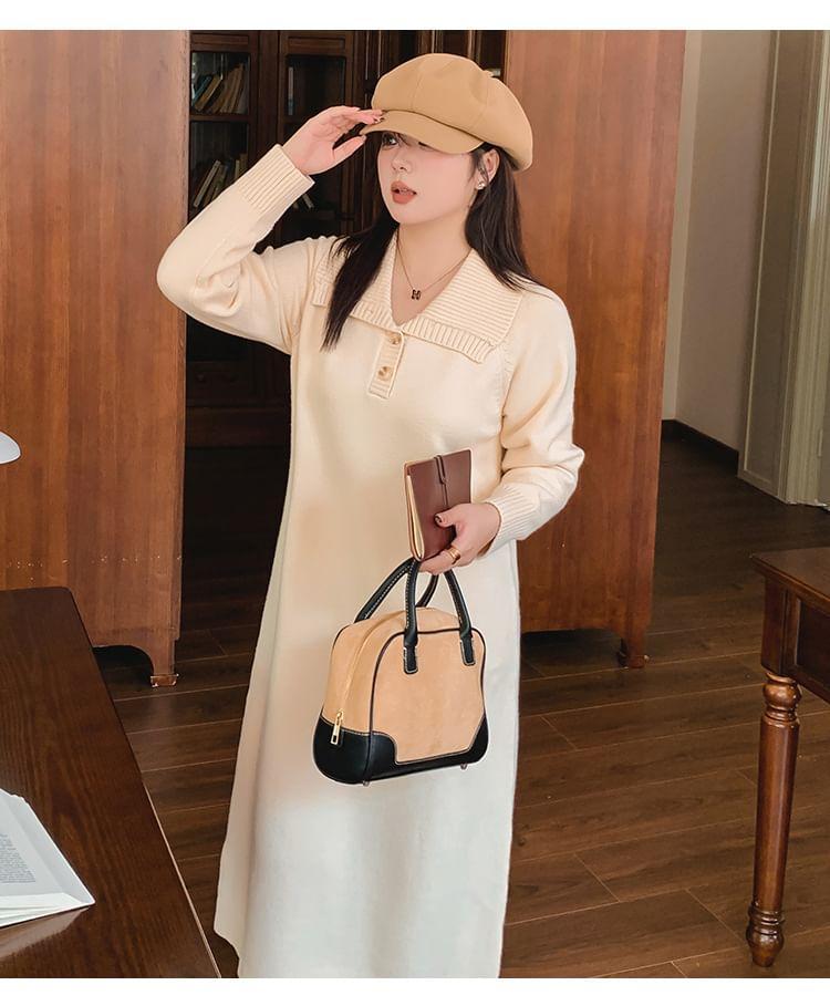 Long-Sleeve Polo-Neck Plain Midi Knit Dress Product Image