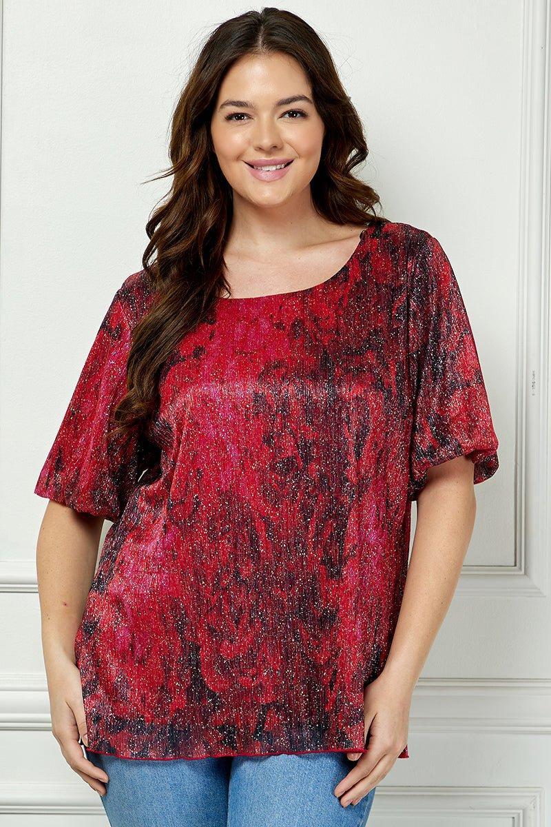 Short Puff Sleeve Scoop Neck Bubble Blouse- Blk/Burgundy/Red- Plus Product Image