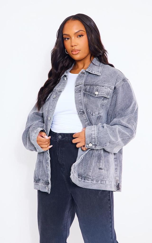 Plus Washed Grey Oversized Boyfriend Denim Jacket Product Image