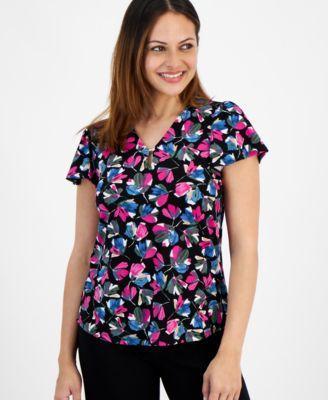 Petite Printed V-Neck Flutter-Sleeve Top Product Image