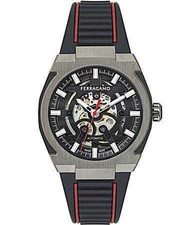 Salvatore Ferragamo Mens Supreme Skeleton Automatic Black Red Stripe Silicone Strap Watch Product Image