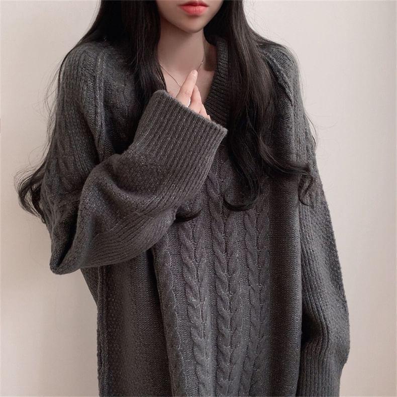 V-Neck Plain Cable-Knit Oversized Sweater Product Image