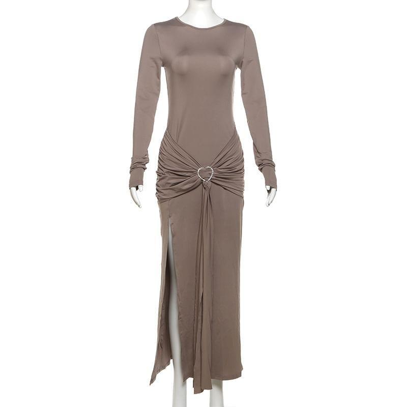 Long-Sleeve Crew Neck Ruched Slit Midi Bodycon Dress Product Image