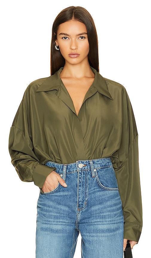 Norma Kamali Oversized Boyfriend Shirt Bodysuit in Dark Green. Product Image