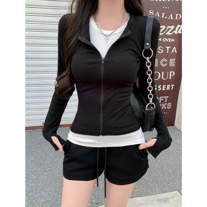 Long Sleeve Mock Two Piece Color-Block Zip-Up Slim-Fit Top Product Image