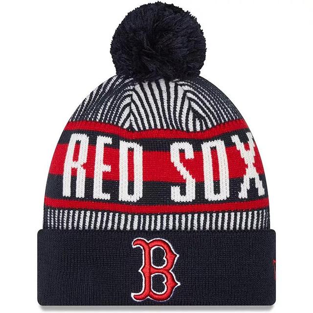 Mens New Era Boston Red Sox Striped Cuffed Knit Hat with Pom, Blue Product Image