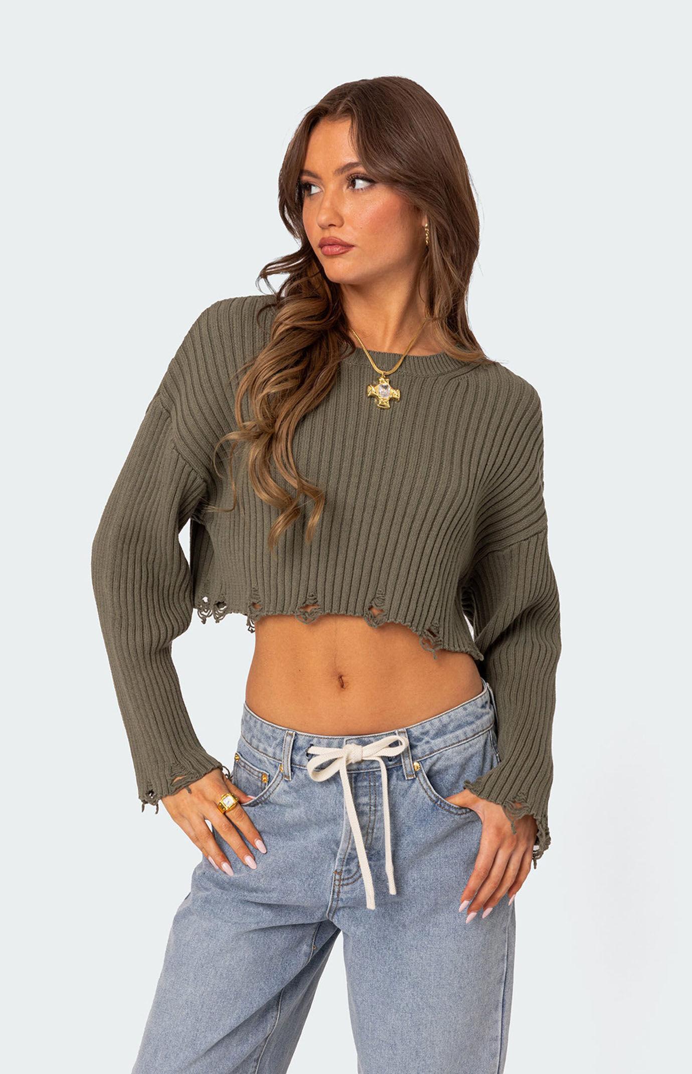 Edikted Women's Distressed Hem Oversized Cropped Sweater Product Image