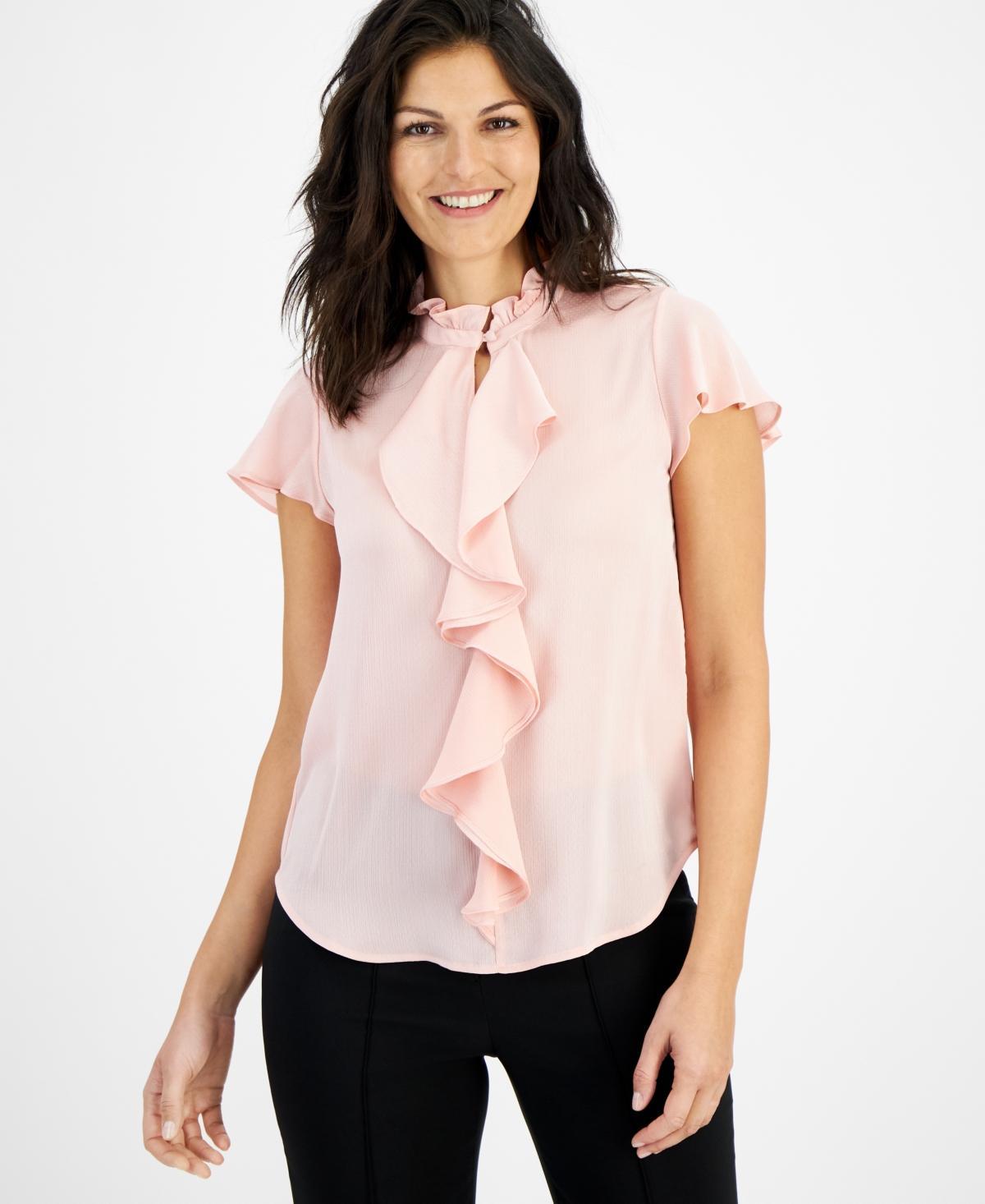 Anne Klein Womens Ruffle-Trim Cap-Sleeve Blouse Product Image