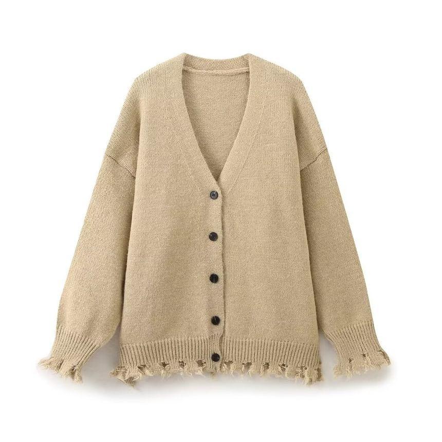 V-Neck Plain Tasseled Button-Up Cardigan Product Image