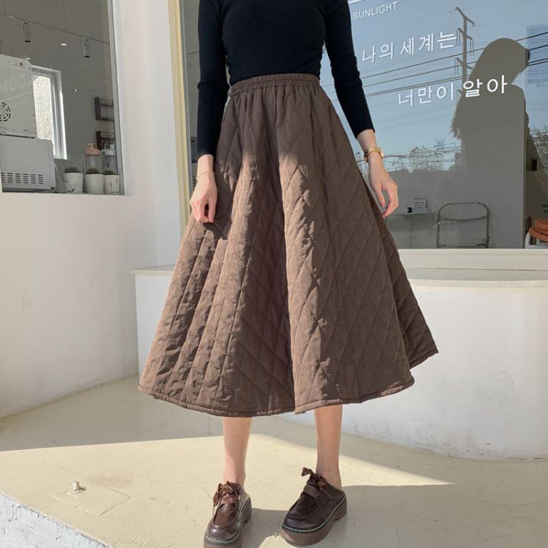 High Rise Plain Quilted A-Line Midi Skirt Product Image