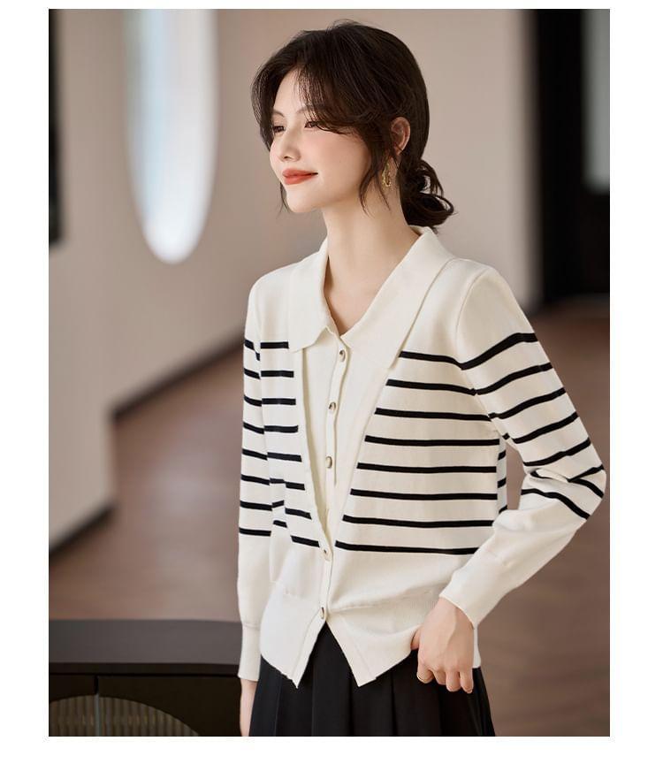 Collared Striped Button-Up Cardigan Product Image