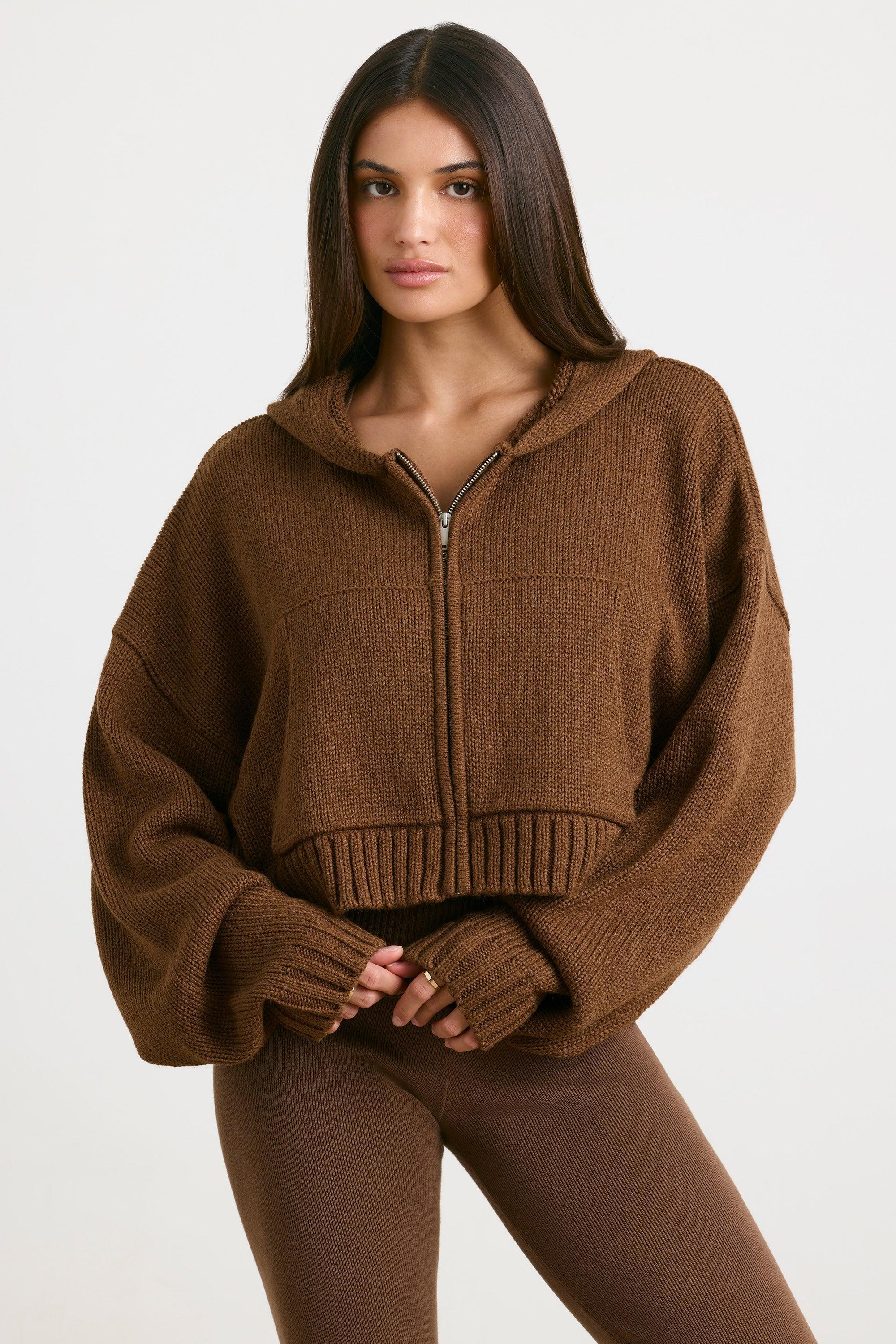 Cropped Zip Up Chunky Knit Hoodie in Espresso Product Image