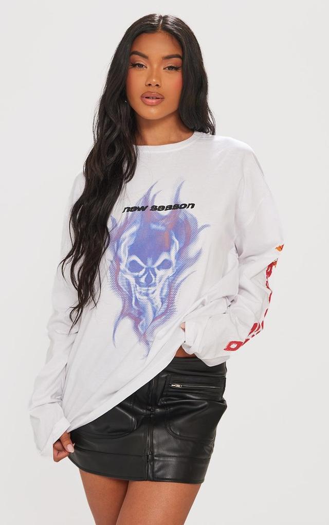 Warm White New Season Printed Long Sleeve Oversized T Shirt Product Image