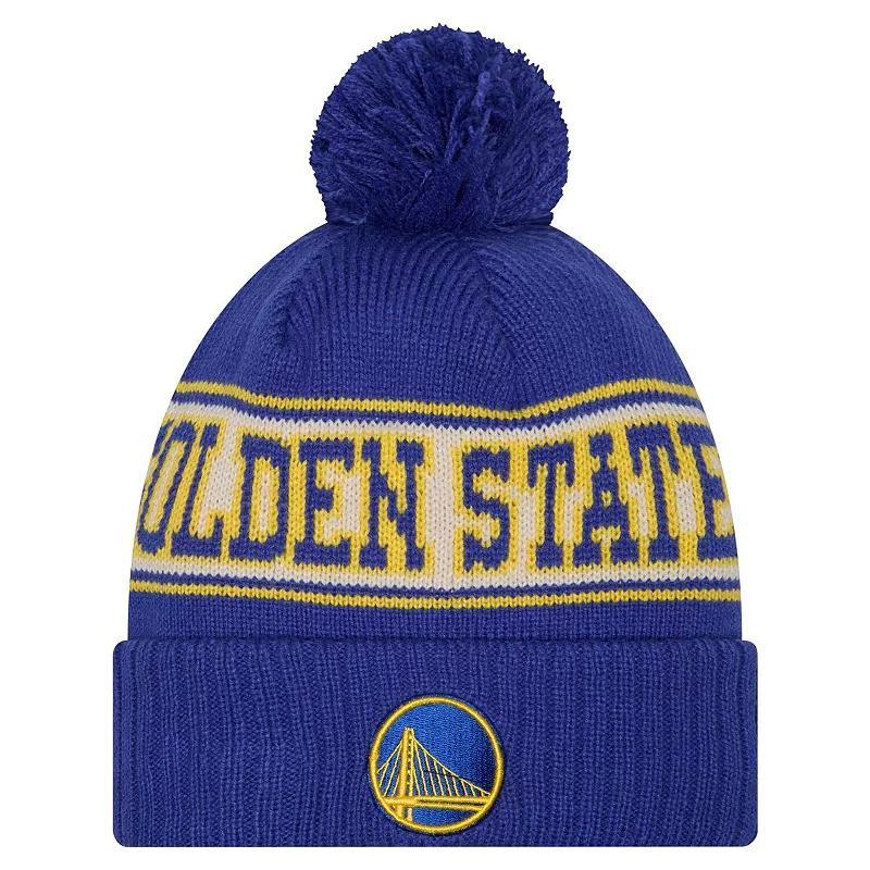 Mens New Era Royal Golden State Warriors Throwback Retro Cuffed Knit Hat with Pom Product Image