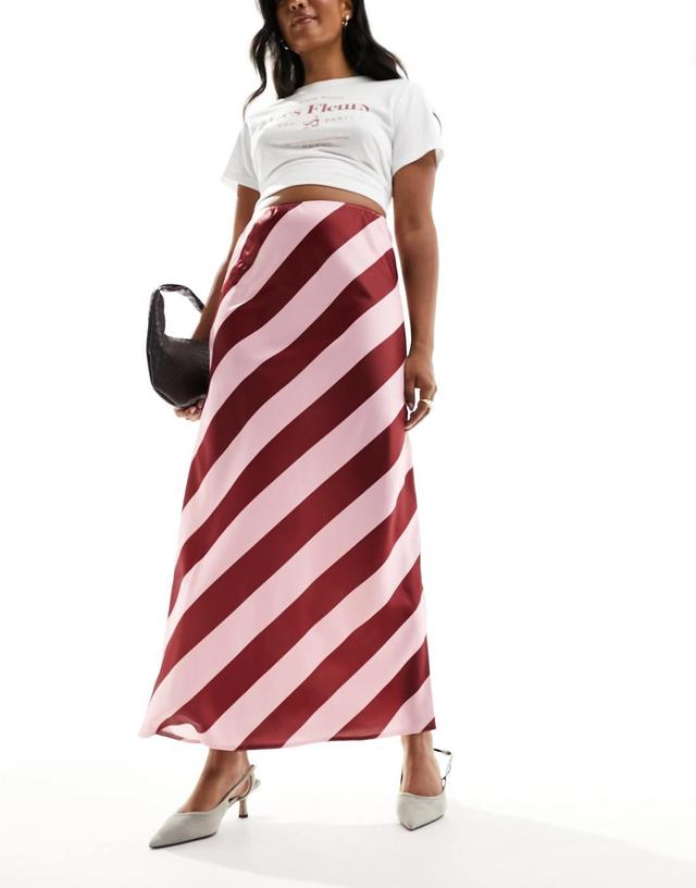 ASOS DESIGN satin bias maxi skirt in pink and burgundy stripe Product Image