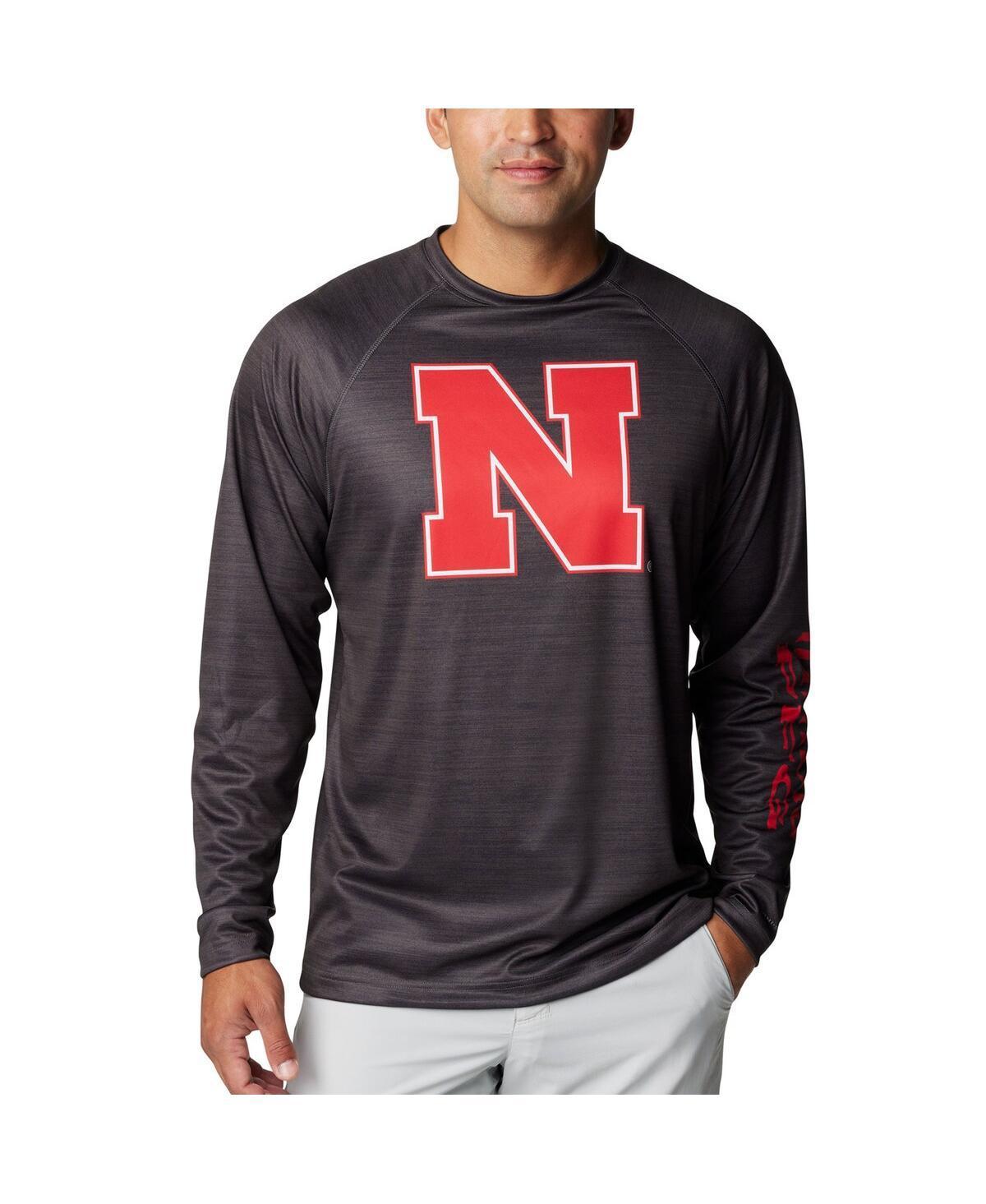 Mens Columbia Heather Charcoal Nebraska Huskers Pfg Terminal Tackle Omni-Shade Raglan Long Sleeve T-shirt Product Image