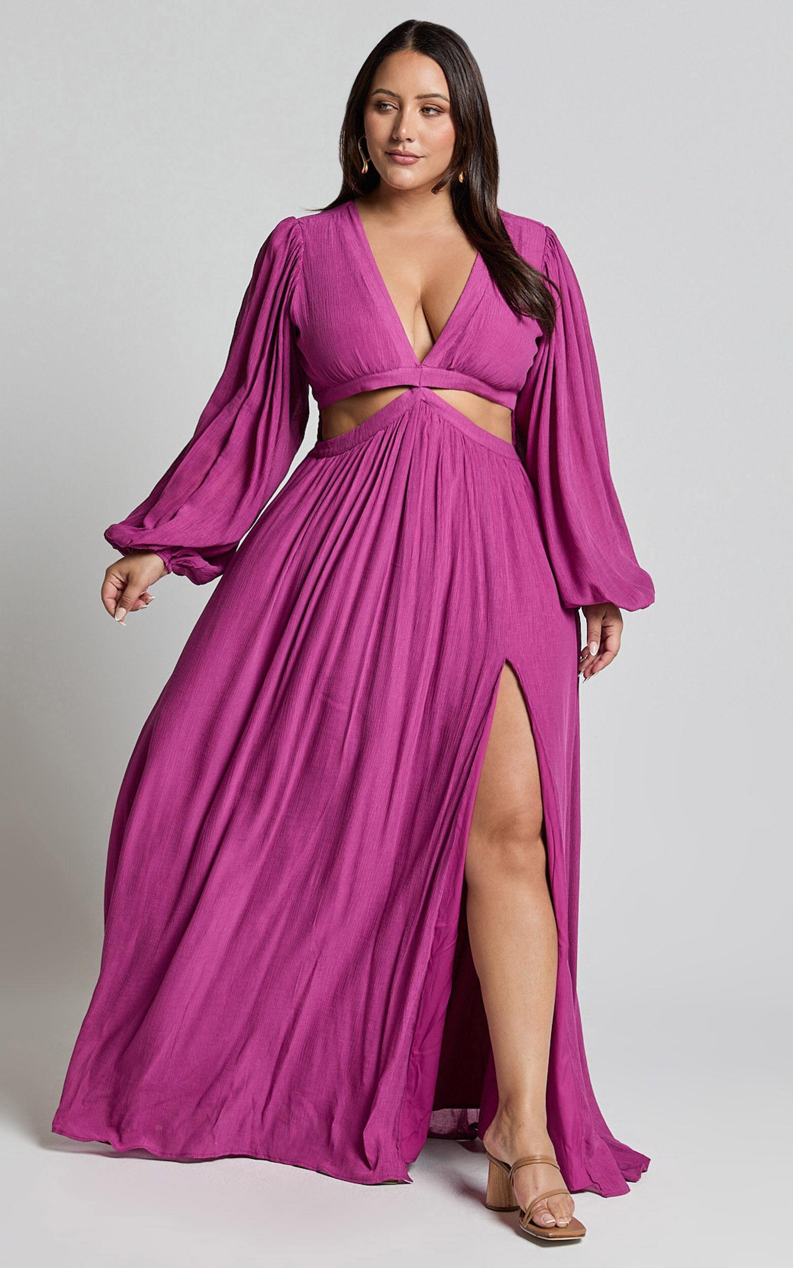 Paige Maxi Dress - Side Cut Out Balloon Sleeve Dress in Orchid Product Image