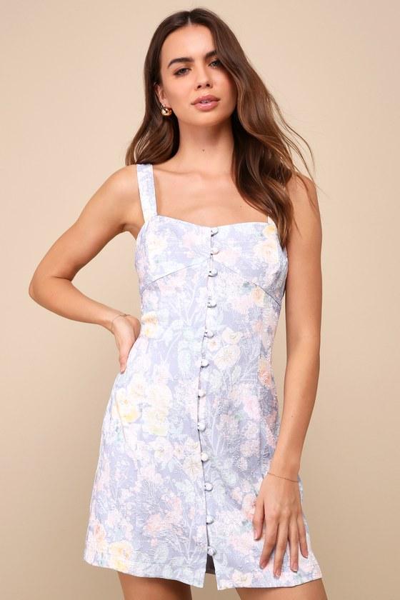 Ready to Flirt Blue Floral Embossed Button-Front Mini Dress product image