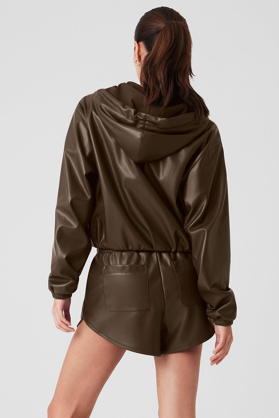 Faux Leather Power Hour Full Zip Cropped Jacket - Espresso Female Product Image