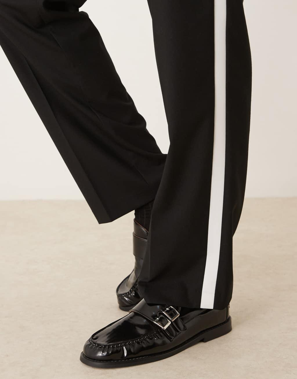 ASOS DESIGN smart straight leg tuxedo pants in black with white side stripe Product Image