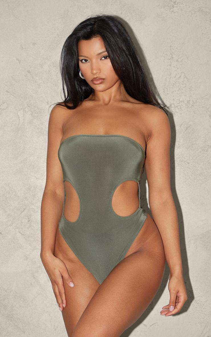 Pale Khaki Bandeau Slinky Cut Out Bodysuit Product Image